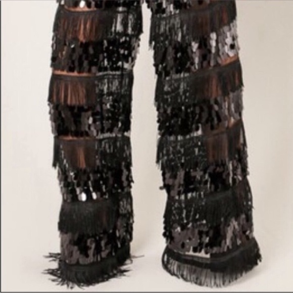 Gold Label Wow Couture Fringe Sequin Mesh Black Halter Top Jumpsuit: Size Small - Picture 5 of 13